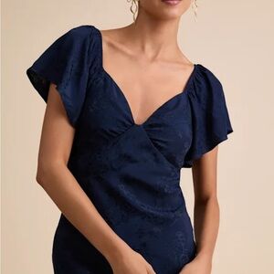 Effervescent Afternoon Navy Satin Flutter Sleeve Midi Dress